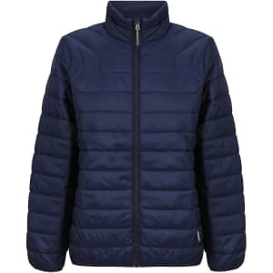 A ladies' puffer jacket in navy blue with a zip front and a sleek, quilted design. It includes a logo on the fabric.