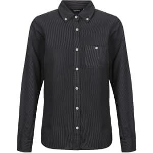 A black ladies' long sleeve button-up shirt with a chest pocket and a branding logo.