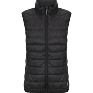 A black puffer vest for women featuring a high collar and zip front, with an attached logo.