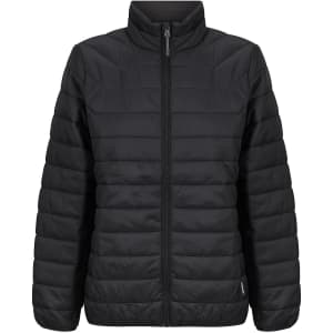 A black ladies' puffer jacket with a stand-up collar and zip closure, featuring quilted padding.