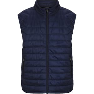 A navy puffer vest for men featuring a zip front and two side pockets, with a branding logo.