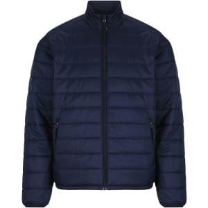 A navy puffer jacket for men featuring a zip-up front, stand collar, and side pockets. It has a simple logo.