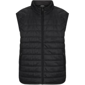 A black puffer vest for men featuring a zip front and two side pockets, with a collar and logo.