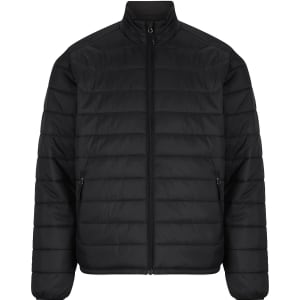 A black men's puffer jacket featuring a full zip, high collar, and zippered pockets. The jacket has a smooth, quilted design.