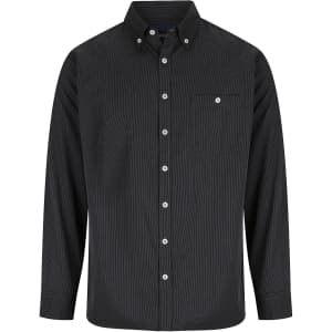 A black long sleeve button-up shirt featuring a chest pocket and a collar. It has a subtle textured pattern.