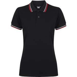 A black ladies polo shirt with a collar and striped detailing in red and white. It features a logo on the chest.