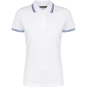 A white ladies' polo shirt with blue striped detailing on the collar and sleeves, featuring a logo.