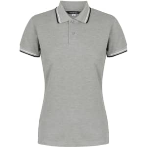 A ladies' polo shirt in grey with contrasting black and white detailing, featuring a collar and buttons.