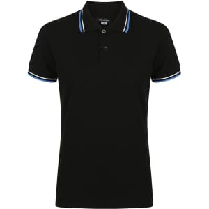 A black ladies' polo shirt featuring blue and white striped detailing on the collar and sleeves. It has a logo.