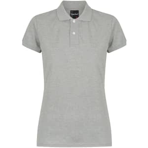 A grey ladies' polo shirt with short sleeves and a collar, featuring three buttons and a logo.