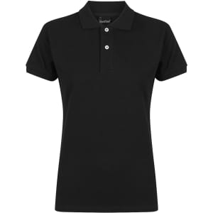 A black ladies' polo shirt featuring a collared design and button placket, with a branding logo.