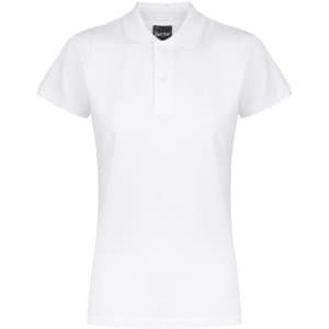A white ladies' polo shirt with short sleeves and a collar, featuring a branded label.