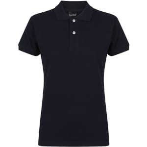 A navy blue ladies' polo shirt featuring a classic collar and three-button placket. It has a logo on the chest.