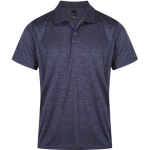A navy blue men's polo shirt with a subtle textured pattern and a collar. It features a logo on the chest.