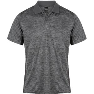 A men's polo shirt in shades of grey with a contrasting collar and side panels, featuring a logo.