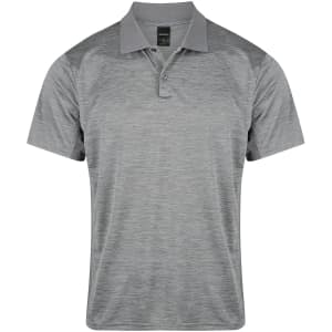 A grey men's polo shirt featuring a collar and short sleeves. It has a logo on the chest.