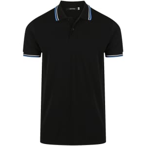 A black men's polo shirt featuring blue trim on the collar and sleeves, with a logo on the chest.