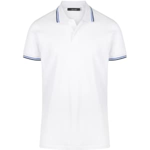 A white men's polo shirt featuring blue striped accents on the collar and sleeves, with a logo on the chest.