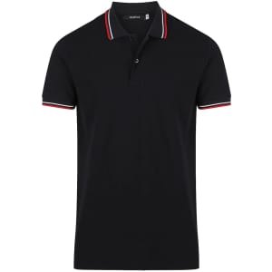 A black polo shirt with red and white striped details on the collar and sleeves, featuring a logo.