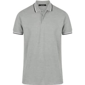 A grey men's polo shirt with a collar and striped detailing, featuring a logo on the chest.