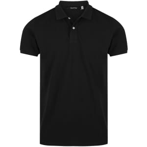A black men's polo shirt with a collared neck and a logo on the chest.