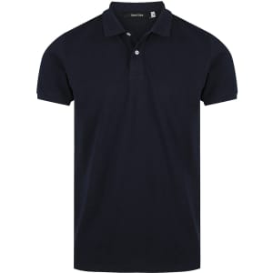 Navy blue men's polo shirt with a classic collar and short sleeves, featuring a logo.