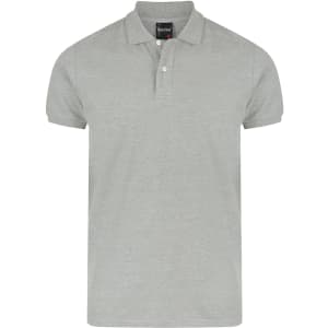 A light grey men's polo shirt with a collar and three buttons, featuring a logo.