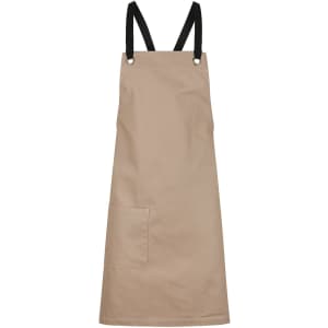 A beige bib apron with black straps, featuring a front pocket and a simple design.