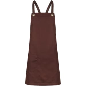 A brown bib apron featuring adjustable straps and a front pocket, with a logo on it.