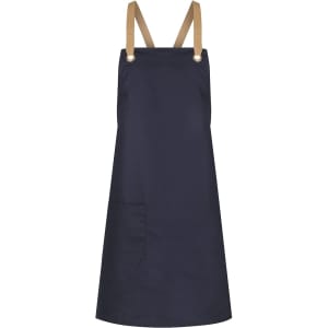 A navy blue bib apron featuring brown adjustable straps and a side pocket. It includes a branding logo.
