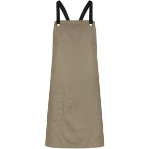 A khaki bib apron featuring black straps and a front pocket, with a logo present.