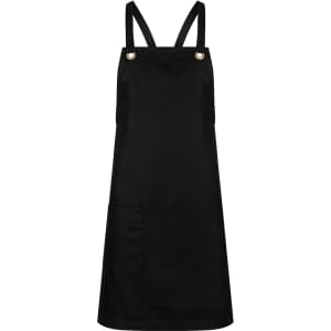 A black bib apron featuring adjustable straps and a front pocket. It has a logo on the side.