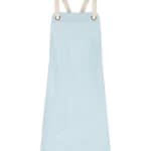 A light blue bib apron with adjustable straps and metallic details, featuring a logo.