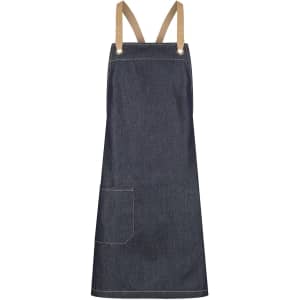 A denim bib apron featuring beige straps and a front pocket, designed for workwear use.