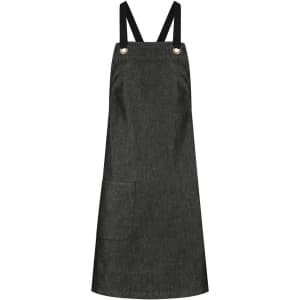 A black bib apron with adjustable straps and a front pocket, featuring metal buttons.
