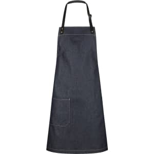 A denim bib apron featuring a pocket and a black adjustable neck strap, with branding detail.