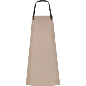 A beige bib apron with a waist pocket and a black adjustable neck strap, featuring a branding logo.