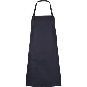 A navy blue bib apron with an adjustable strap and a front pocket, featuring a logo.