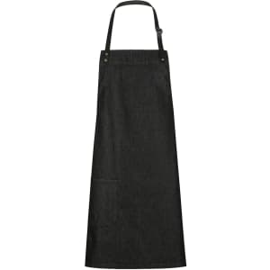 A black bib apron featuring an adjustable neck strap and a side pocket. The apron has a logo.
