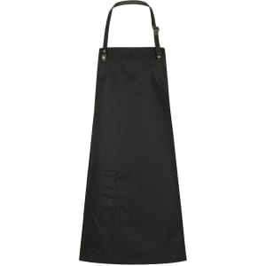 A black bib apron featuring a pocket and adjustable straps. The design includes a logo.
