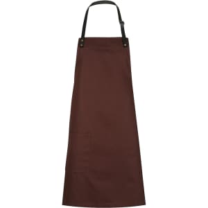 A brown bib apron with a pocket and adjustable strap, featuring a logo at the top.