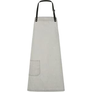 A light grey bib apron with a front pocket and a black adjustable strap. It features a logo.