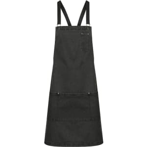 A dark grey bib apron featuring adjustable straps and a front pocket, suitable for workwear applications.