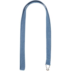 A denim blue strap with a metal clip, designed for attaching to an apron or similar garment.