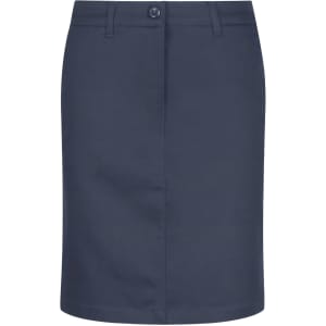 A navy chino skirt featuring a button closure and a slim fit design. It includes pockets and has a branding logo.