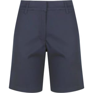 A navy pair of ladies chino shorts with a sleek design and front pockets, featuring a logo.