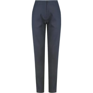 A pair of navy ladies' chino pants, featuring a sleek design with a logo. Ideal for casual or smart-casual wear.