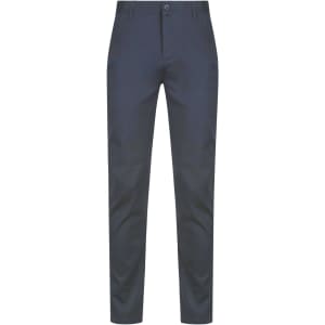 A pair of navy men's chino pants with a slim fit, featuring a front button and pockets.