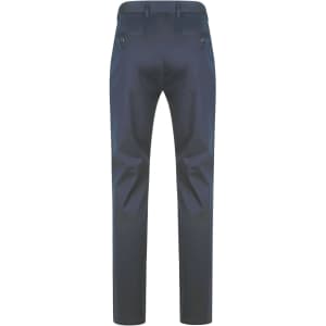 A pair of navy men's chino pants featuring a flat front and two back pockets, with a simple logo present.