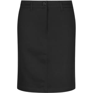 A black chino skirt featuring a front button closure and structured design. Contains branding on the waistband.